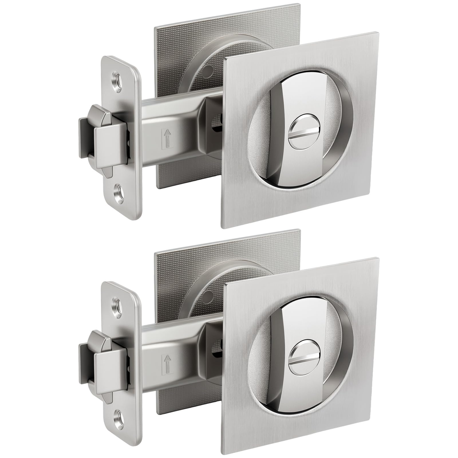goldenwarm Brushed Nickel Square Pocket Door Lock, Pocket Door Hardware for 2-1/8'' Round Bore Hole, Pocket Door Handles Fit 1-1/4'' to 2'' Thickness Sliding Door 2-3/8'' Latch 2 Pack