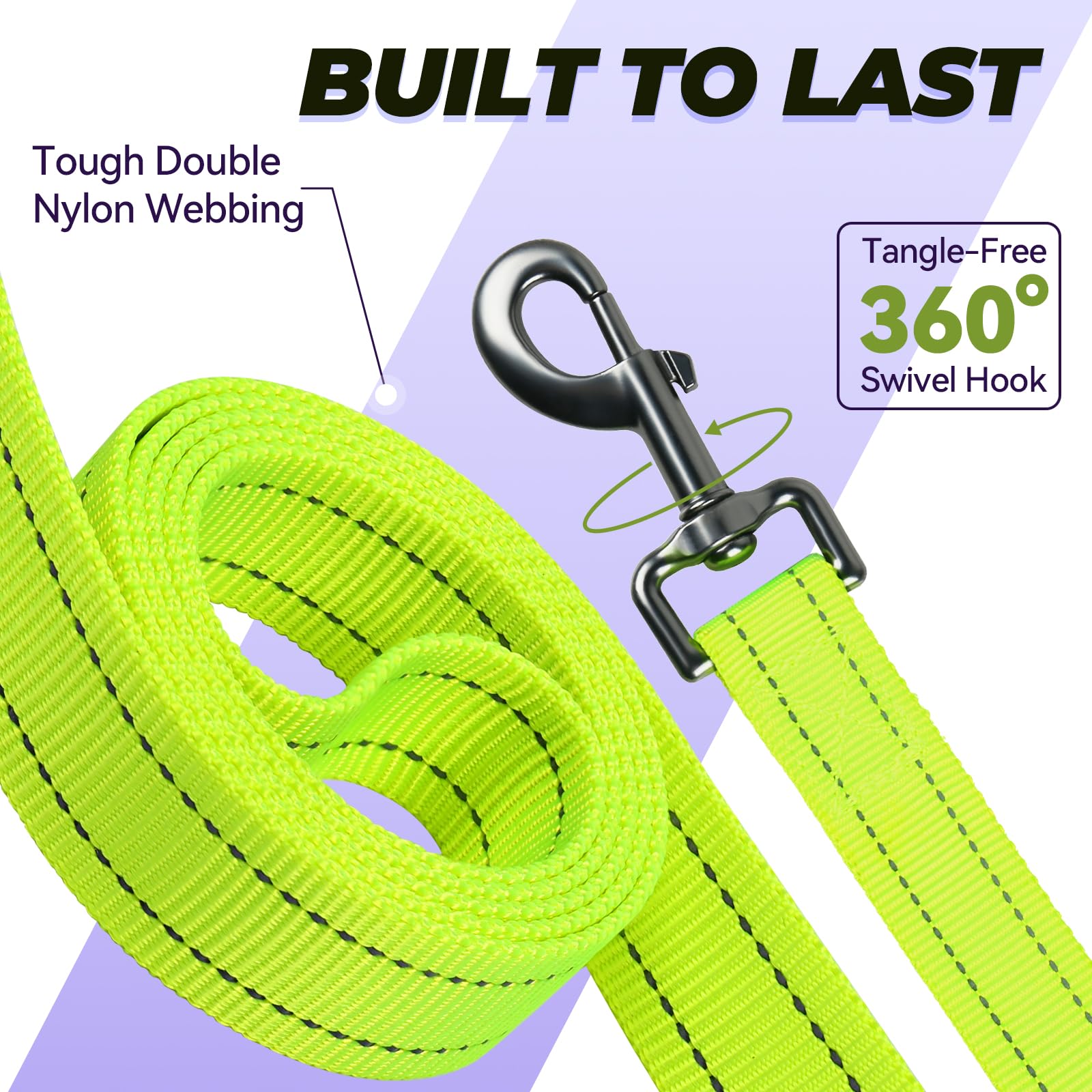 VIVAGLORY Correa para Perro con Asas de Tráfico, Correa para Perro Fuerte con Dos Asas Acolchadas, Correa de Entrenamiento para Perro Reflectante y con Gancho de Metal, Amarillo Brillante
