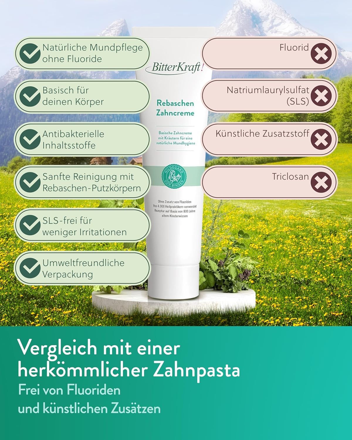 BitterKraft! Lot de 6 dentifrices de rebaschen - 75 ml - Selon Hildegard von Bingen - Soin basique aux herbes avec cendre de vigne et menthe frisée - Soin dentaire - 100 % naturel - Fabriqué en