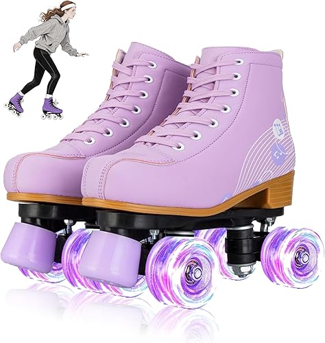 Miniatura 8 de YYW Patines de piel sintética de alta calidad para mujer, patines Derby para exteriores, unisex, principiantes, con ruedas iluminadas