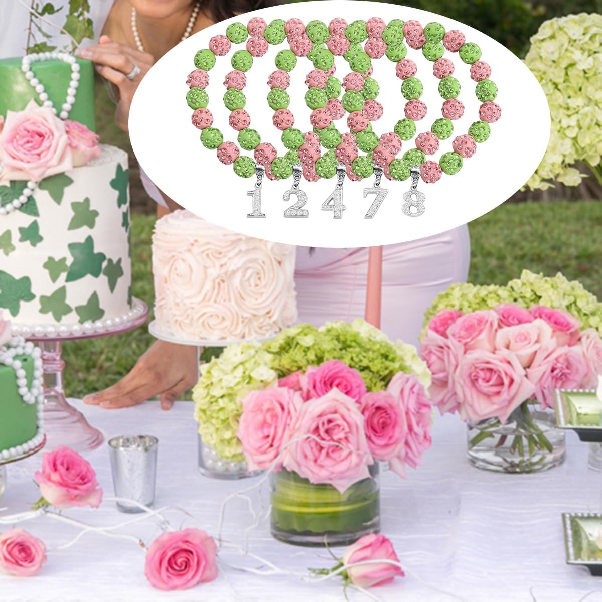 POTIY Sorority Gift Pink and Green Beads Bracelet with Numbers Graduation Gifts Paraphernalia Bracelet for Women - Image 3