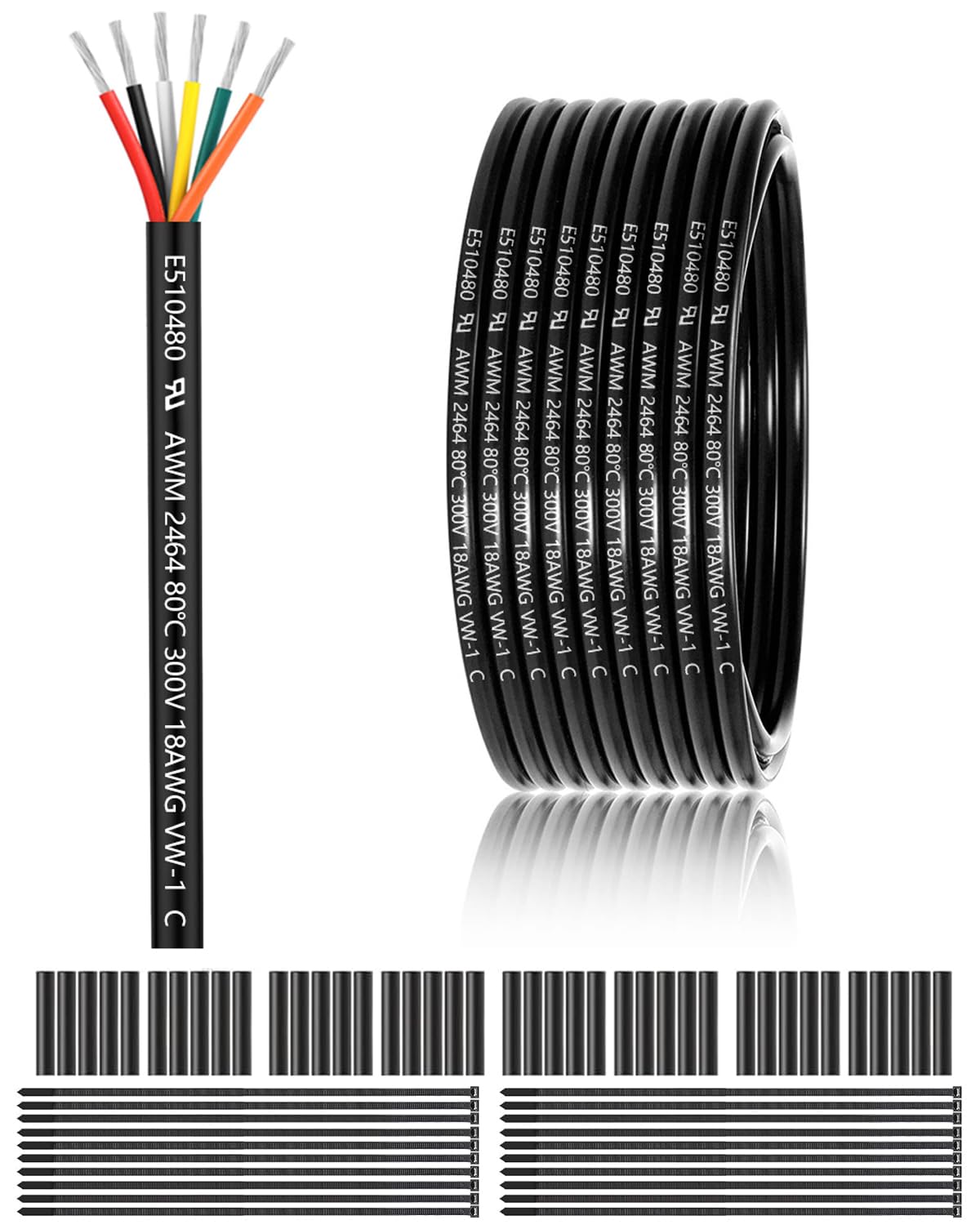 18 Gauge 6 Conductor Electrical Wire 100FT, UL 2464 18 AWG 6 Wire Cable Tinned Copper PVC Stranded 18/6 Core Wire for LED Lighting, Outdoor Low