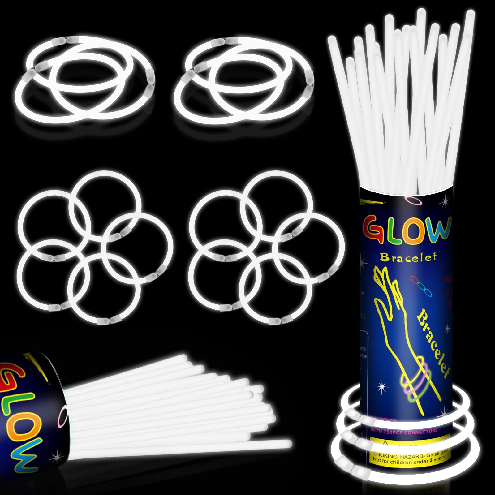 Photo 1 of 100 Pack 8" White Glow Sticks Bulk - Glow Necklaces & Bracelets with Connectors, Bright Neon Glow in The Dark Party Favors Supplies for Christmas Halloween Birthday 4th of July New Year Wedding