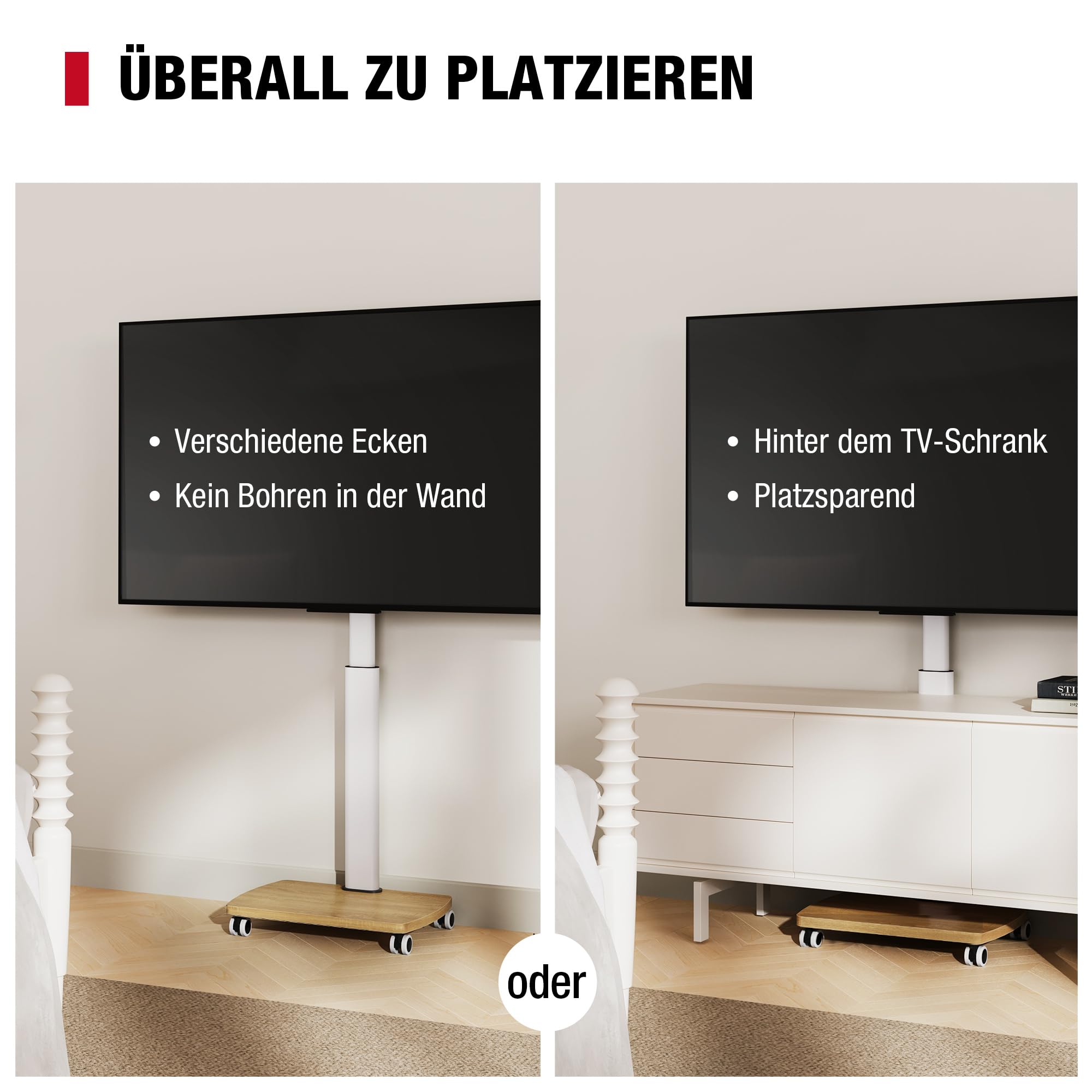 AOKCOS TV Ständer Rollbar mit Holzbasis, Fernsehständer Rotierbar für 19-42 Zoll Fernseher, TV Bodenständer mit Rollen Höhenverstellbar Schwenkbar, bis 20 kg Max. VESA 200x200mm (Weiß+Natur)