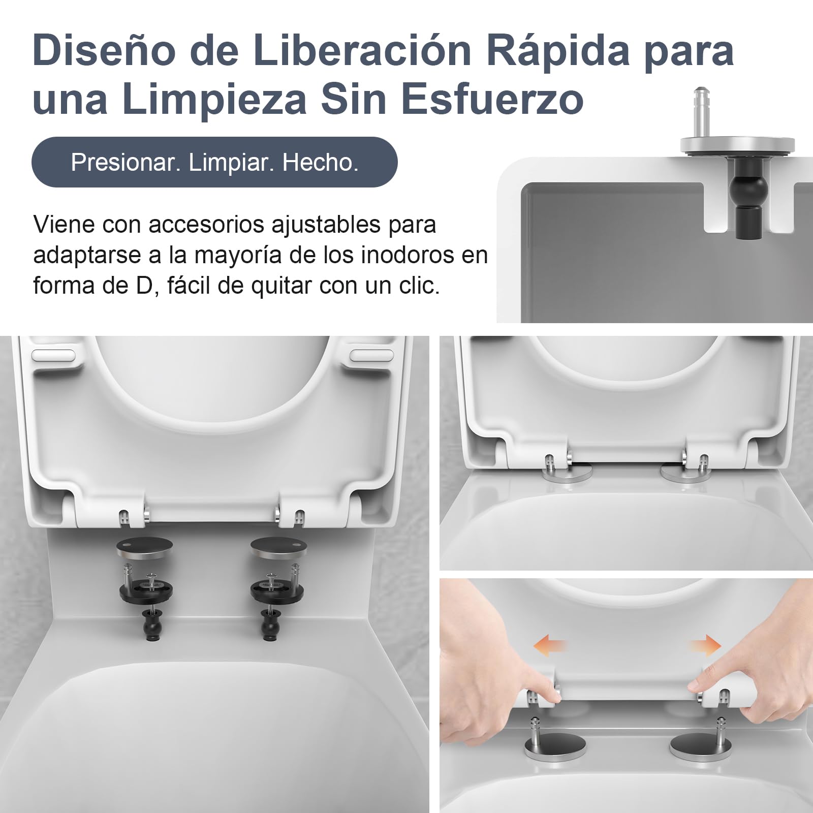 SURFOU Tapa wc Universal con Cierre Suave Forma D, Asiento de Inodoro de Polipropileno, Soporta hasta 200 kg, Desmontaje Rápido para Limpieza Fácil, con Gomas para Fijación Estable