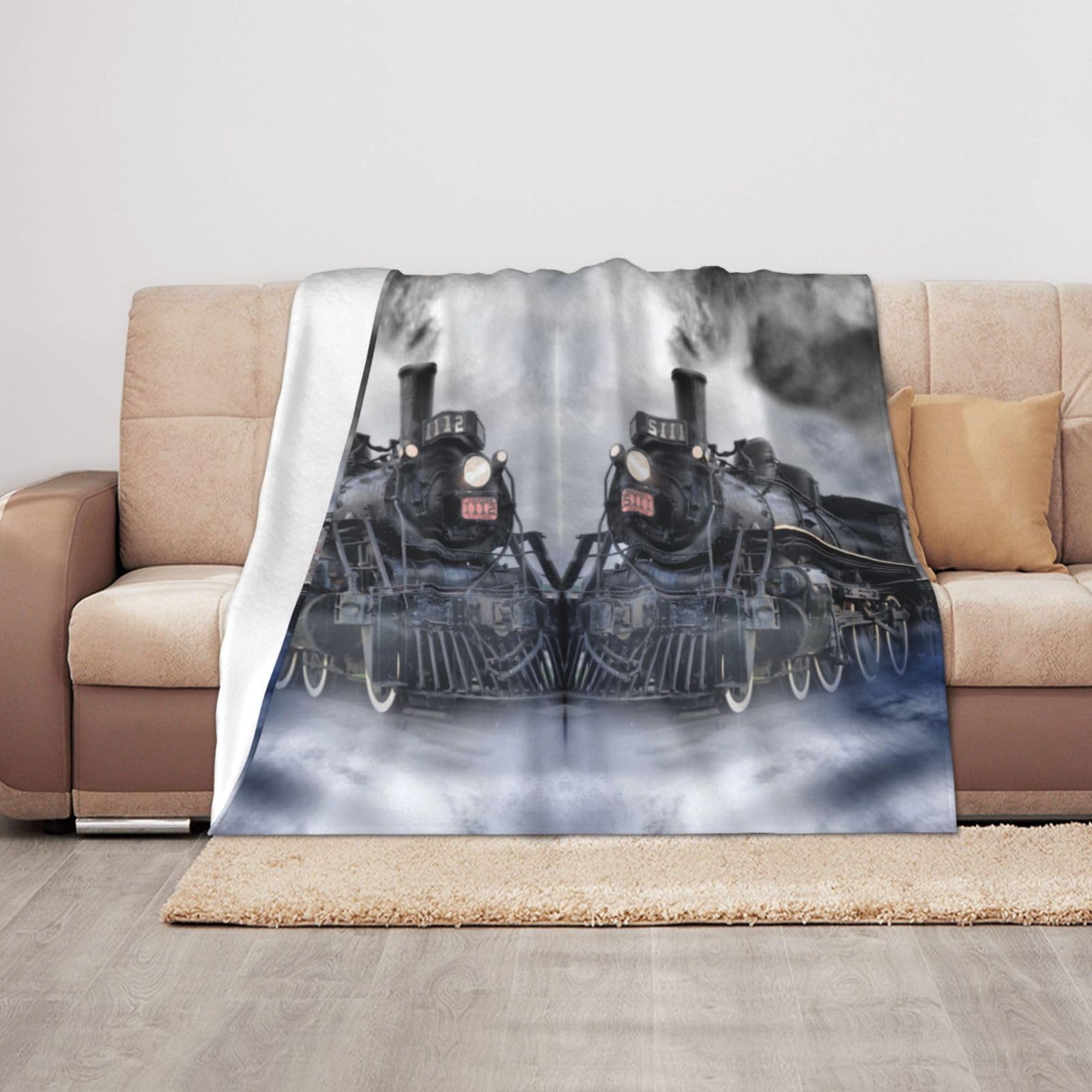HAHAFU Steam Train Clouds Warm Throw Blanket, Personalised Print Absorbent Soft Flannel Blanket For Bed Sofa 125x100cm