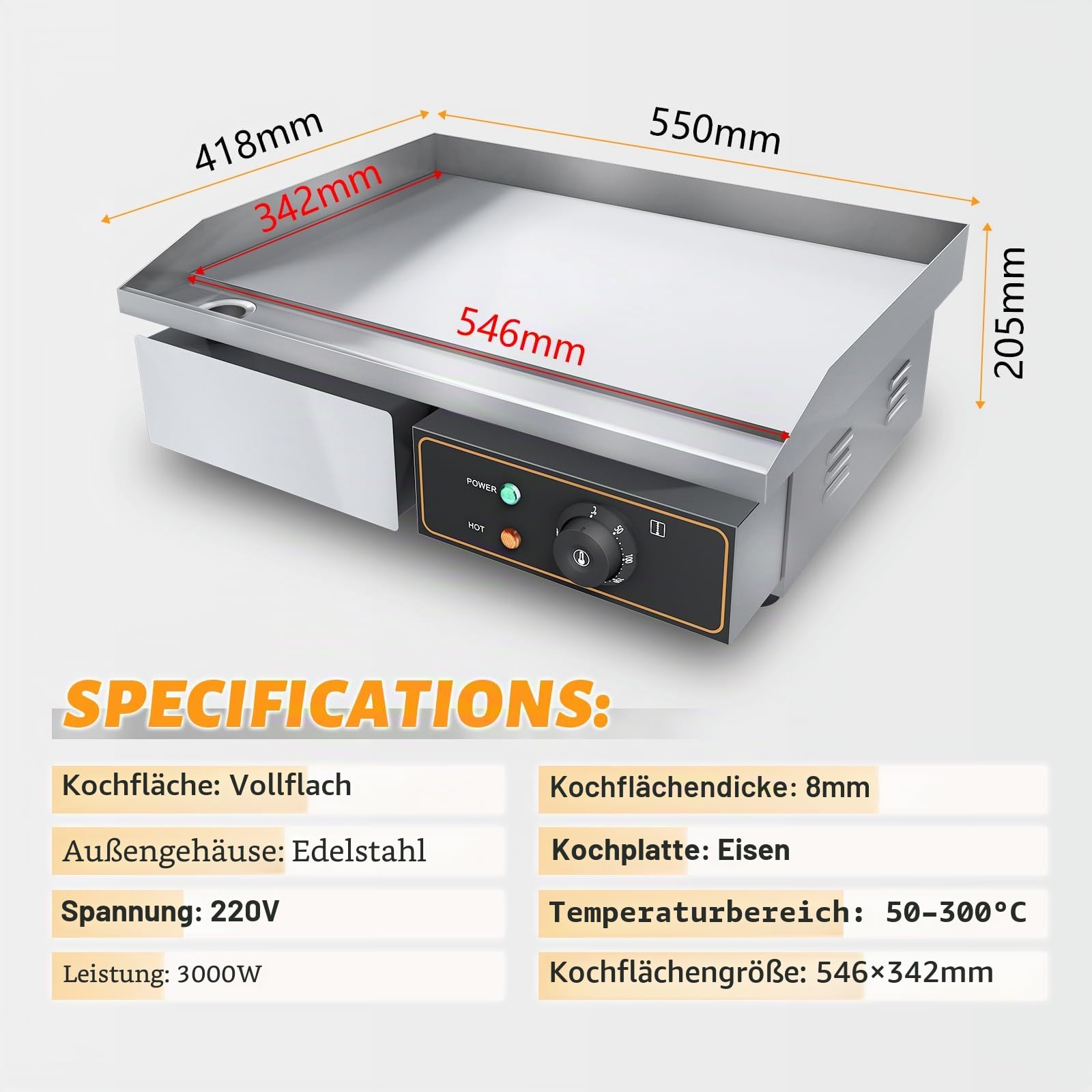 Grillplatte Elektrisch glatt Bratplatte, Elektrogrill | 55 x 34 cm Grillfläche aus Gusseisen,Profi Gastro Elektrische Tischgrill 3000W