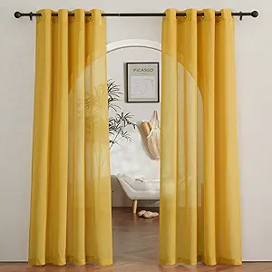 NICETOWN Semi Sheer Curtains Flax Linen Texture, Grommet Retro Window Treatment Linen Weave Vertical Drapes Privacy with Light Filter for Living Room, Citrine, 2 Panels, W52 x L84