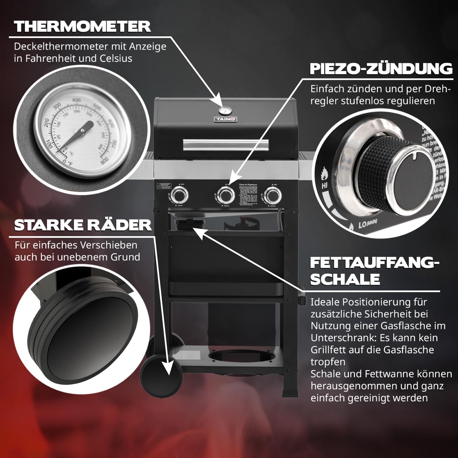 TAINO WABAYA 3+0 Gasgrill Grillwagen 3 Brenner Keramik Sear-Burner Piezo-Zündung Thermometer Warmhalterost Schwarz Matt