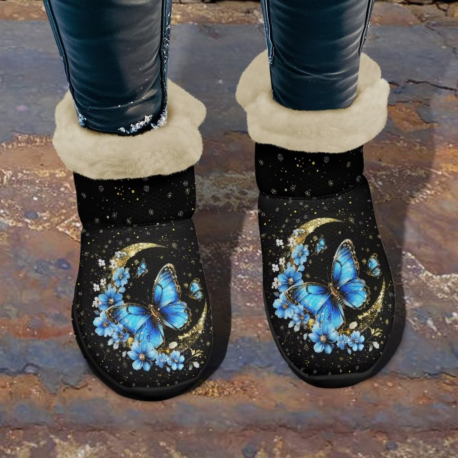 Chririnla Moon and Flower Butterfly Snow Boots Womens Slip-on Snow Boots Lightweight Casual Walking Shoes Winter Footwear,11.5 US
