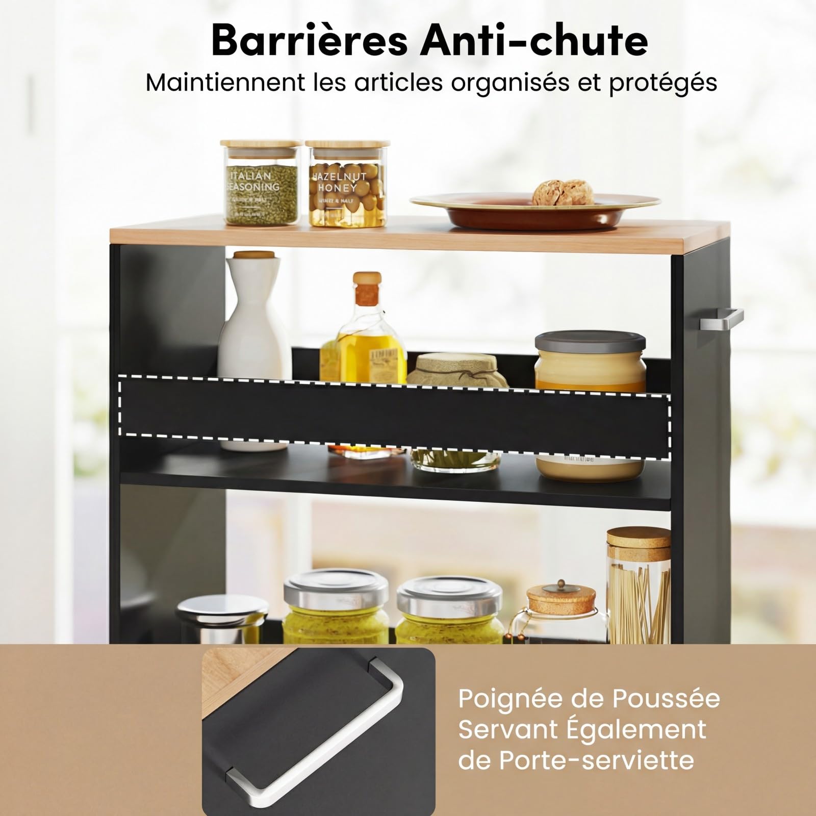COSTWAY Chariot de Rangement Fin 25 cm, Desserte à 4 Niveaux avec roulettes, Étagère de Cuisine avec Poignée Latérale et Roues Universelles avec Freins, Design Étroit, Noir + Naturel