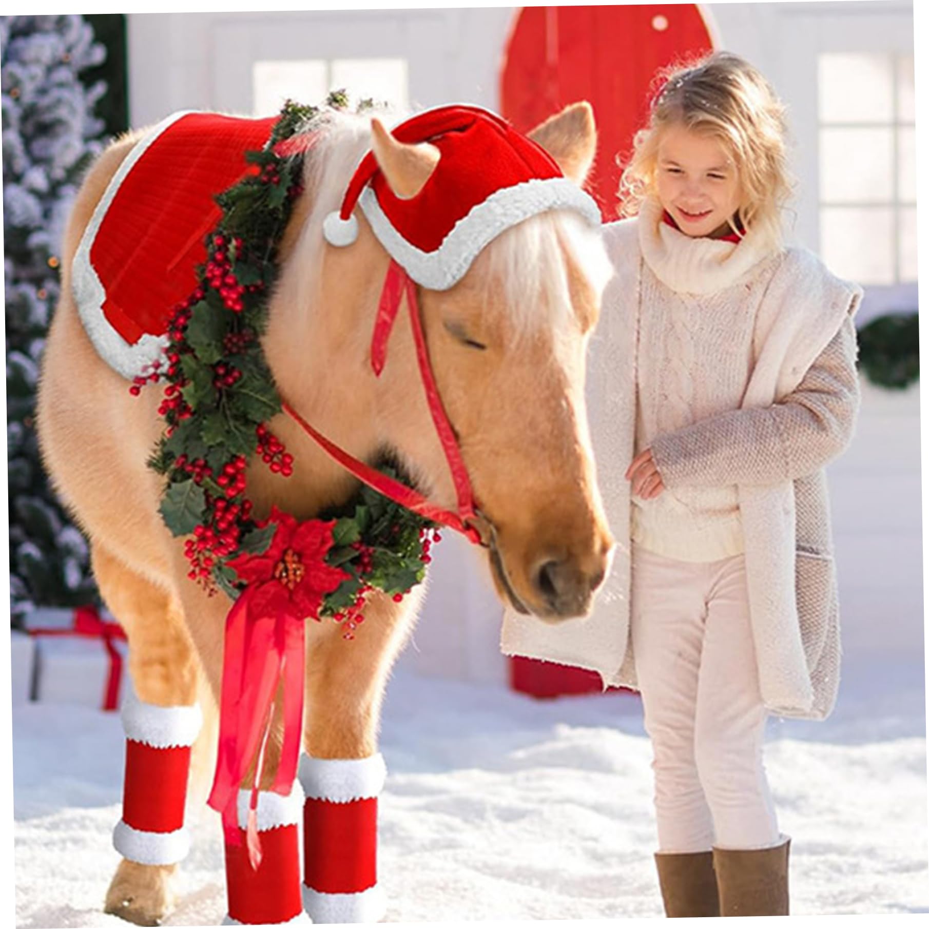 6Pcs/Set Christmas Costumes Includes Santa Red Horse Hat,4pcs Leg Wraps & Saddle, Soft Thick Plush Xmas for Horses Decor,Christmas Home & Kitchen