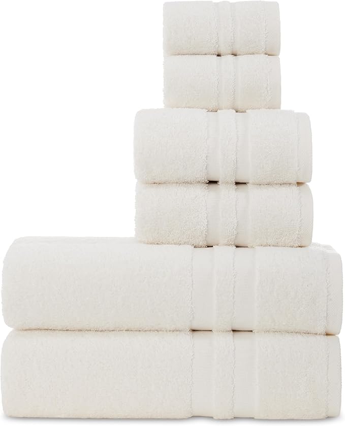 Premium 6 Piece Towel Set, 2 Bath Towel, 2 Hand Towels, 2 Washcloths, 100% Turkish Cotton Soft Absorbent Towels (Cream White, 6 Piece Towel Set)