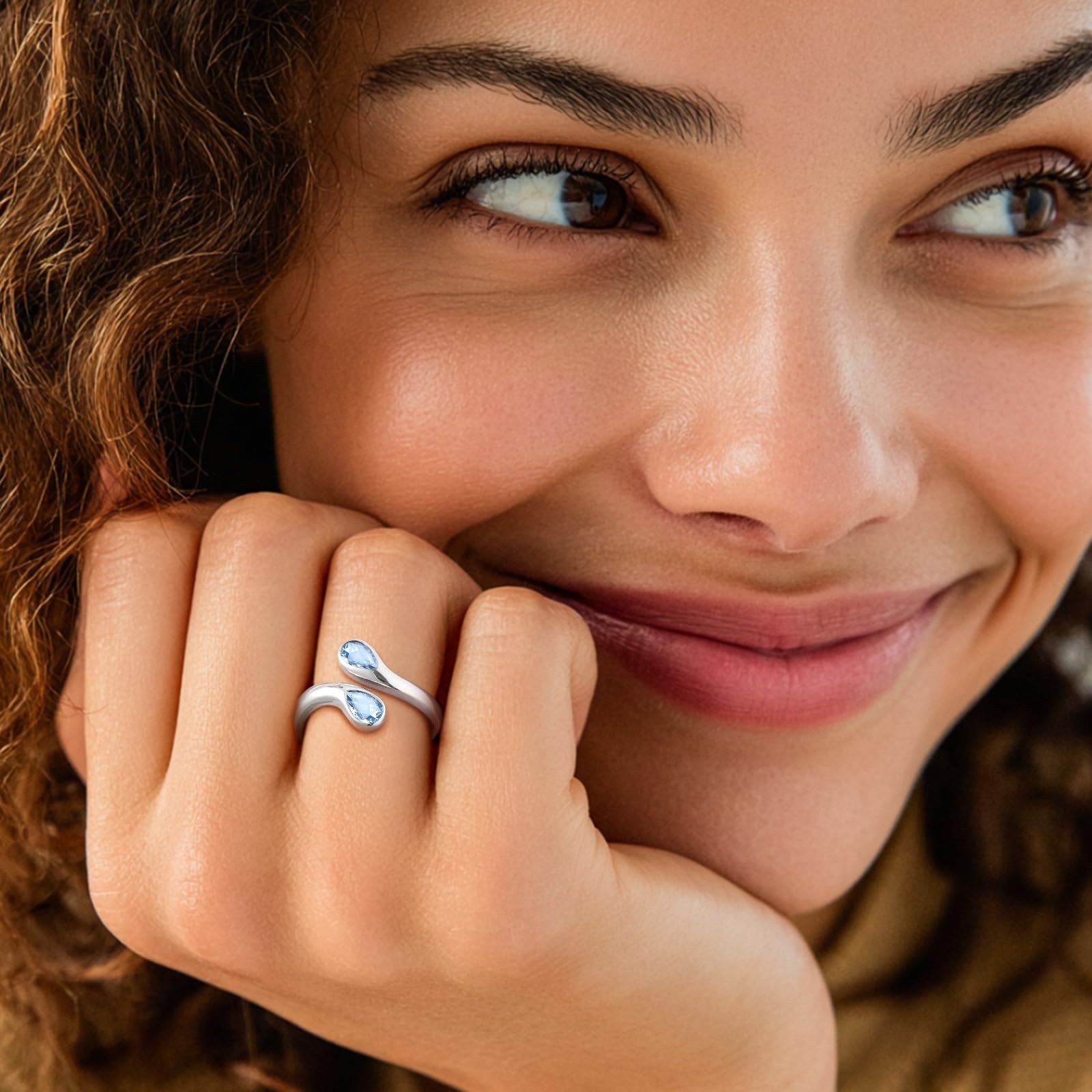 Bestyle Anillos Mujer Anillo Gotas de Agua Anillos Plata de Ley 925 Anillo Ajustable Abierto Anillo con Piedra Nacimiento Anillos de Compromiso Boda Alianzas