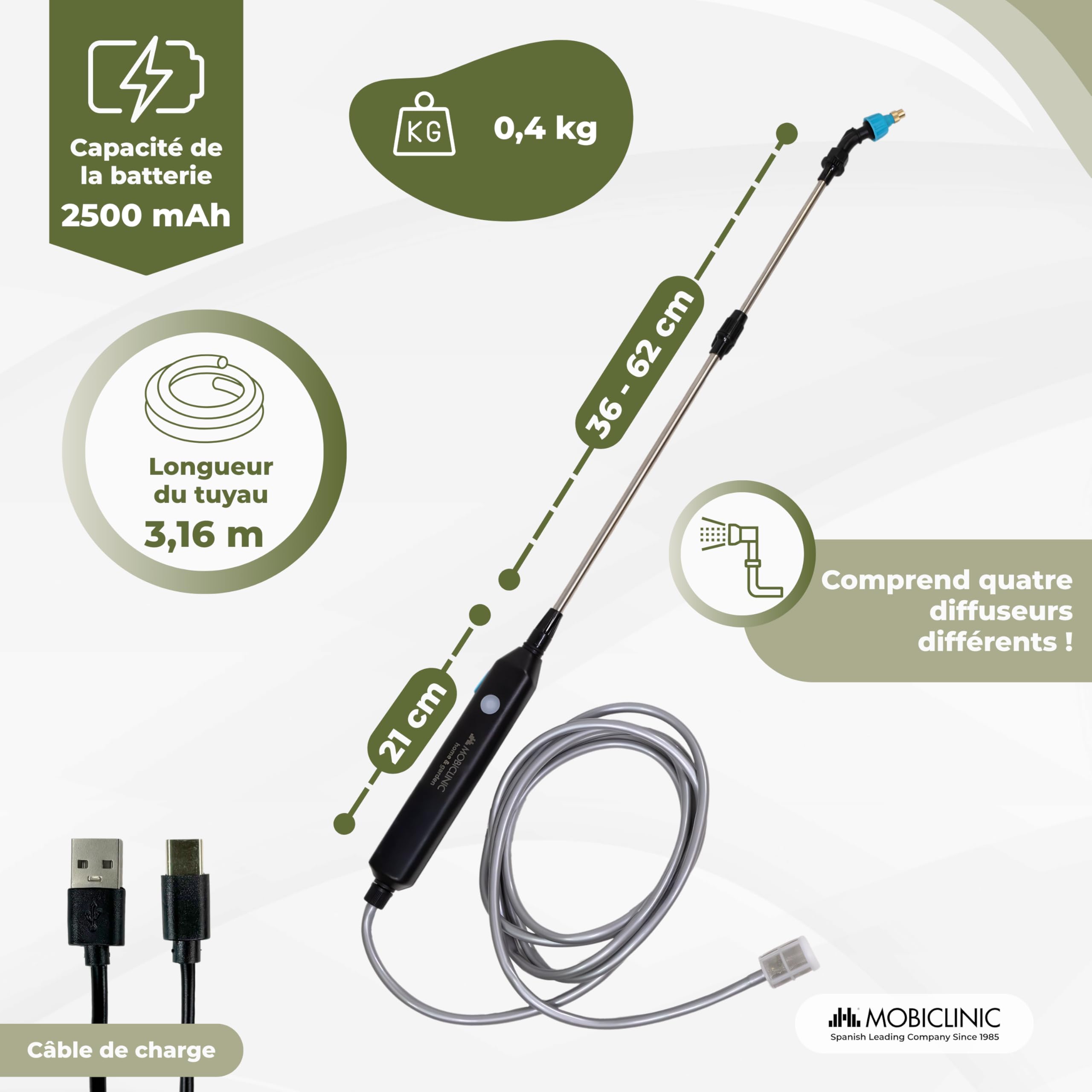Mobiclinic®, Pulvérisateur Électrique, 3M, 4 Buses, 2 Réglages de Puissance, Autonomie de 2 à 3 h, Lance Extensible 60-85 cm, USB, Poignée Ergonomique, Irrigation et Nettoyage, Profumig
