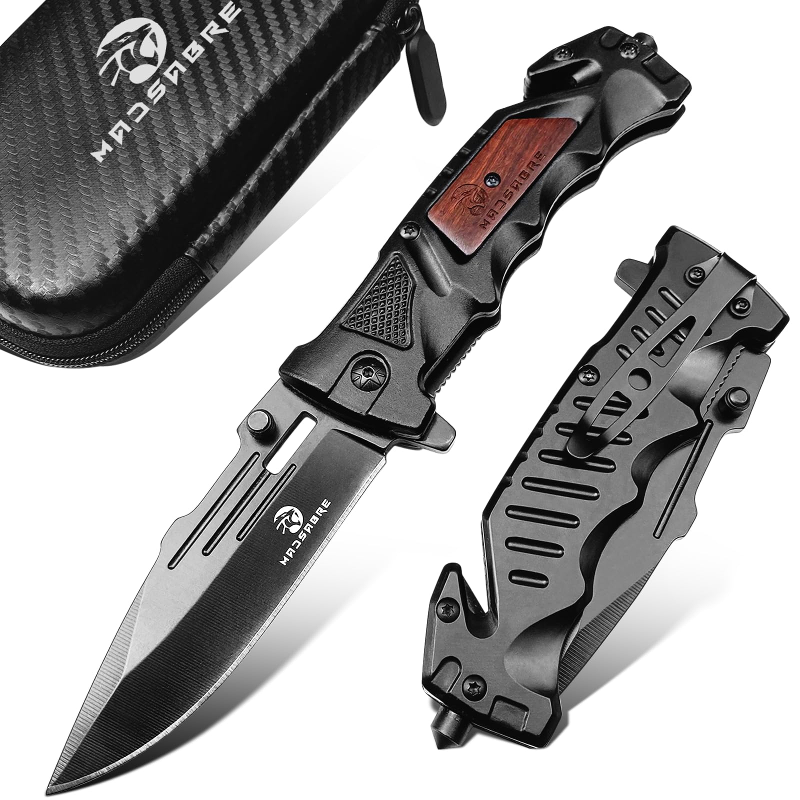 MADSABRE Black Pocket Knife with Clip, 9.6" Work Knife EDC Folding Knives with Seat Belt Cutter and Glass Breaker, Foldable Knife for Survival Camping Hiking Fishing Hunting