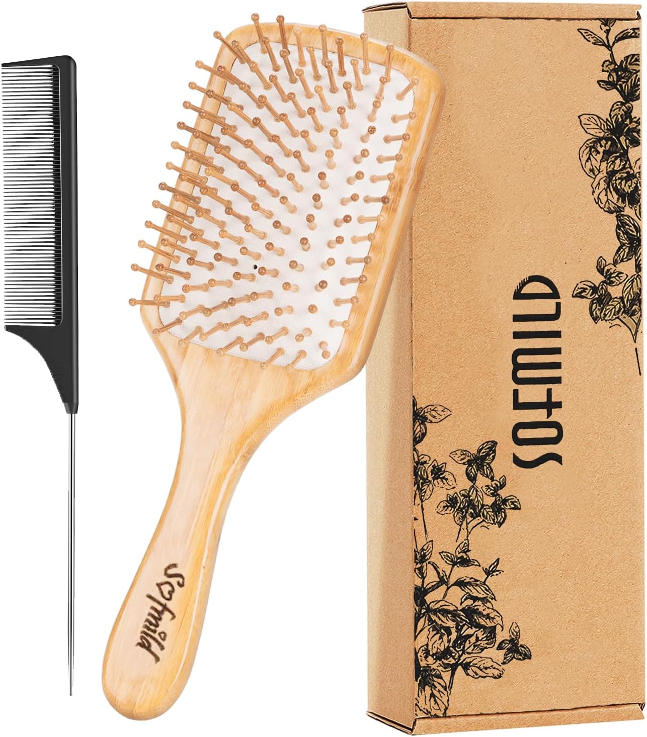 Sofmild Men's [Upgrade] Female Male Hair Eco-friendly Bamboo Hair Pin for Hair Scalp Massage Natural Wooden Bamboo Bristles Brush Untangled Thin Straight Long Curly Short Hair Improve Health Paddle