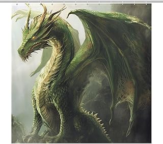 Humongous Green Dragon Shower Curtain Fantasy Dragon with Large Wings Curtain for Bathroom Decor Waterproof Washable Bathtubs Polyester Shower Curtains with 12 Hooks 72x72Inch (183x183cm)
