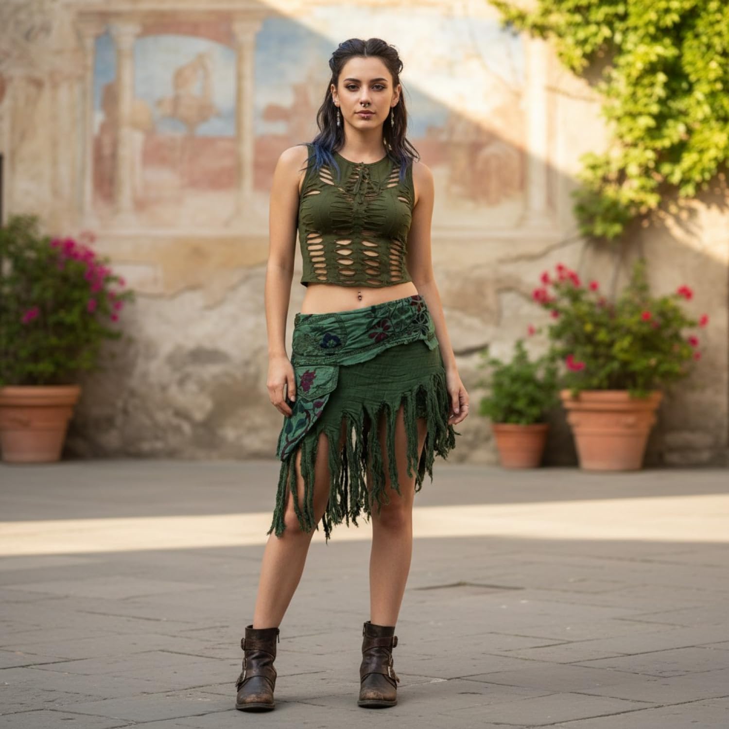 Guru-Shop, Goa Minigonna, Gonna a Portafoglio, Cacheur, Gonna con Frangia