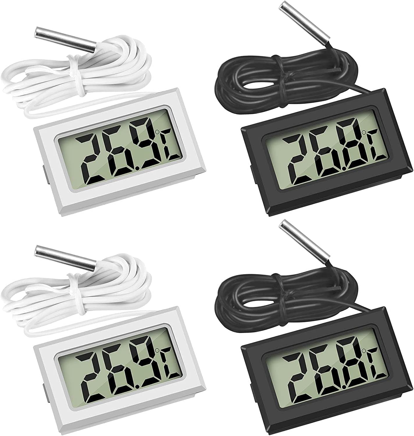 4x Digital LCD Thermometer Temperature Monitor with External Probe for Fridge Freezer Refrigerator Aquarium (2x Black 2x White)