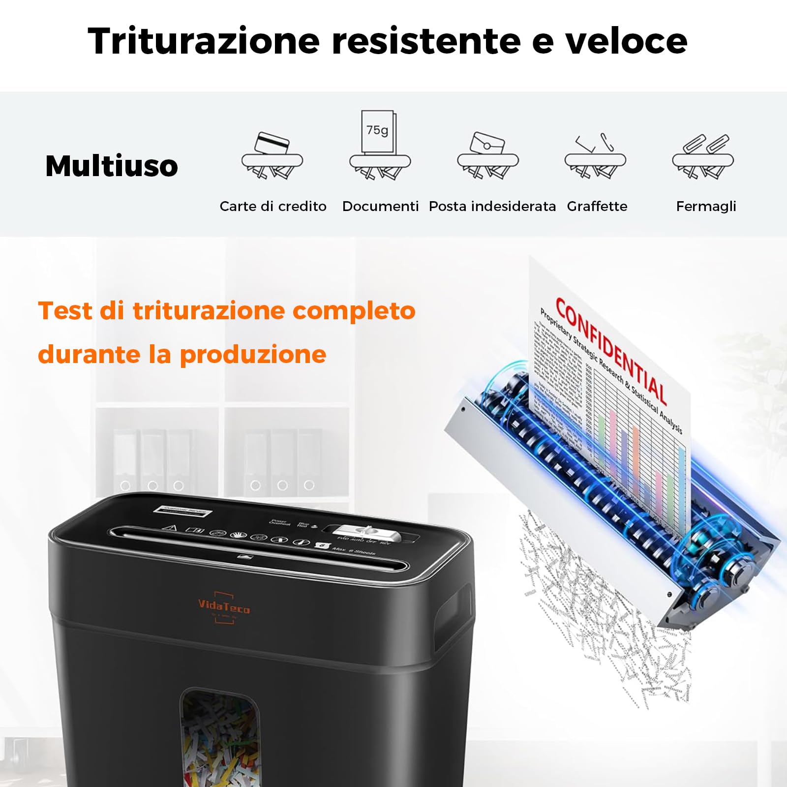Distruggidocumenti a Taglio Incrociato, Trituratore di Documenti da 6 Fogli, Trituratore per Carta/Carte di Credito per Ufficio Domestico,Sicurezza elevato P-4, CestinoEstraibile da 11,5 l, nero
