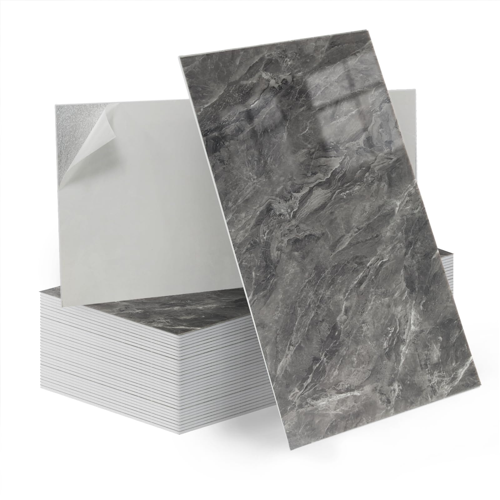 Tarwanear 40Pcs Marble Tile Stickers,Self Adhesive Wall Tiles Waterproof 60 x 30cm, Peel and Stick on Wall Vinyl Tiles Waterproof for Bathroom Kitchen Backsplash Living Room,Marble Black Grey