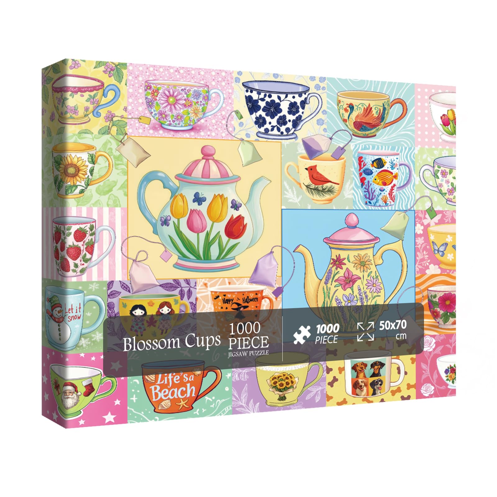 Colorful Collage Cups Puzzles for Adults 1000 Pieces, Rainbow Flower Fun Art Jigsaw Puzzles, Beautiful Floral Bird Butterfly Dog Fantasy Pretty Puzzle