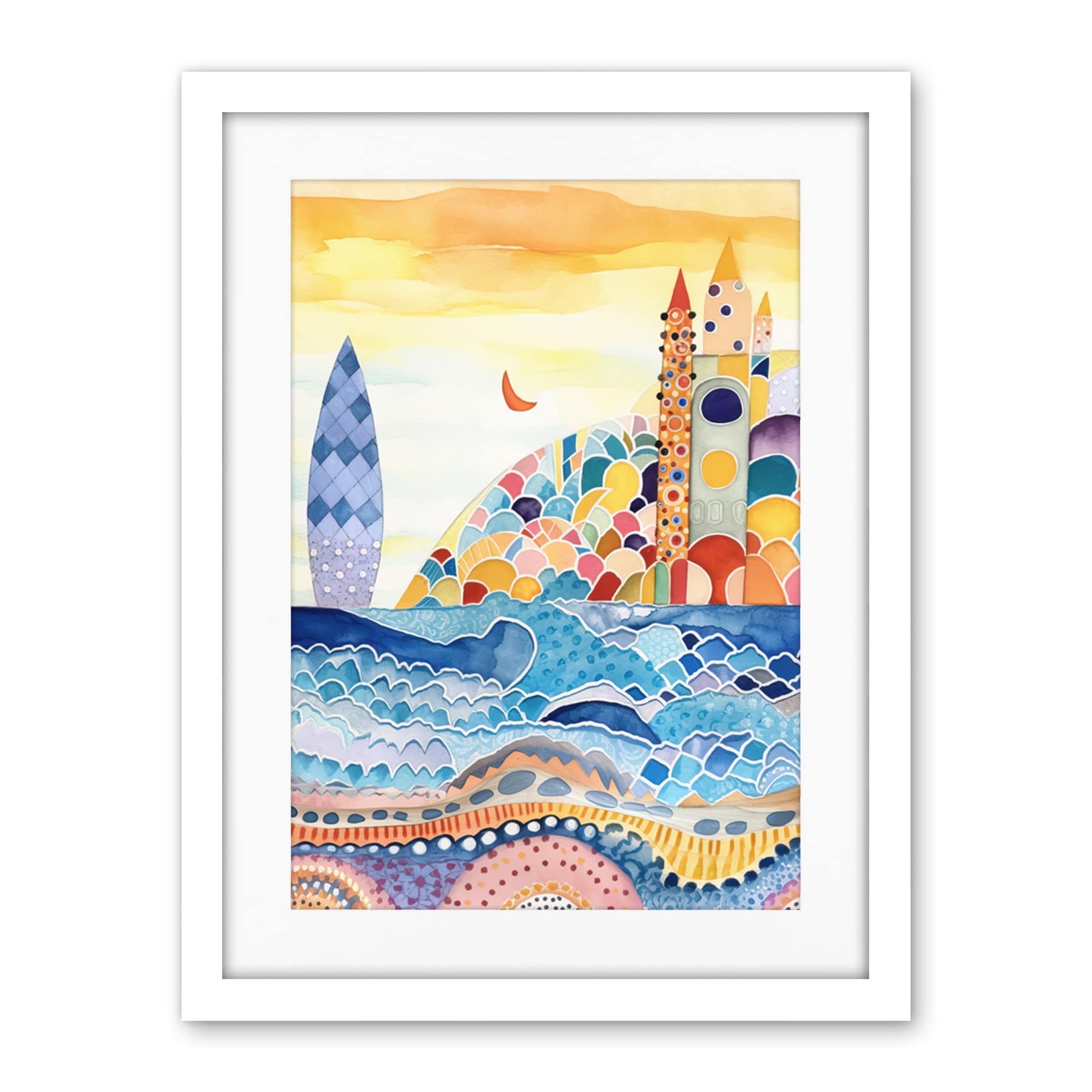 Artery8 Abstract Seascape Waves On Beach Folk Art Bathroom Artwork Framed Wall Art Print 18X24 Inch