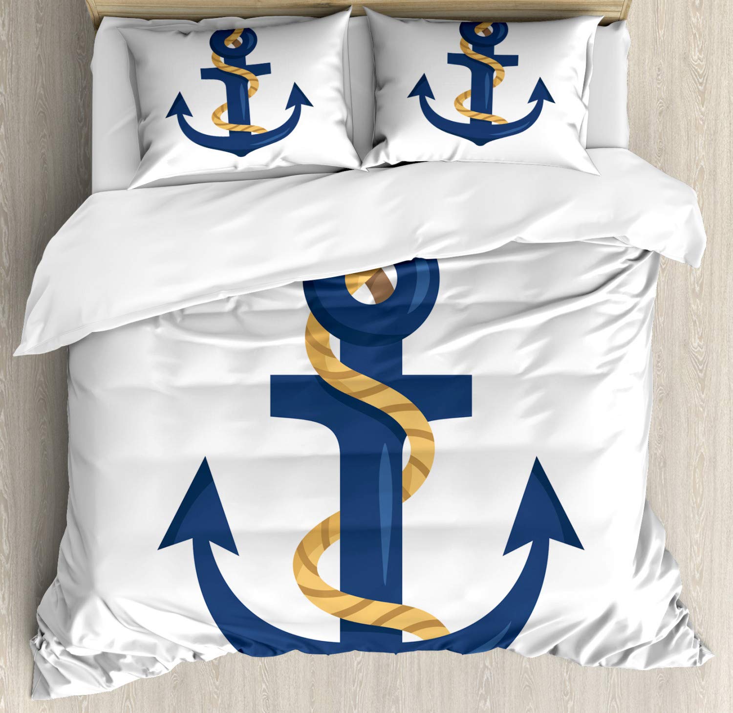 Ambesonne Anchor Duvet Cover Set, Nautical Themed Graphic of Cartoon Dark Sky Blue Colored Shape with, Decorative 3 Piece Bedding Set with 2 Pillow Shams, Queen Size, White Navy