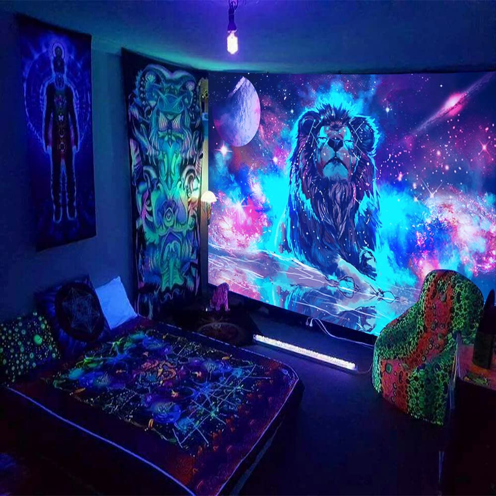 Arazzo Fluorescente 3D Con Leone - Tela Morbida 200x150cm - Effetto Glow In The Dark Con Luce UV - Decorazione Parete Camera