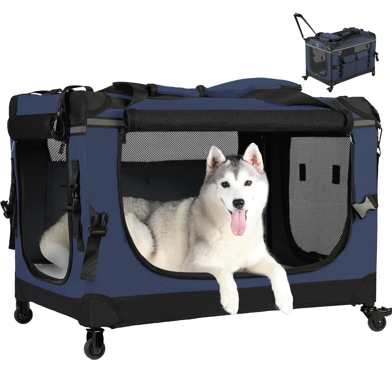 PEGIC 30IN Soft Collapsible Dog Crate w Detachable Wheels, Rolling Travel Dog Crate for Medium Breed Dogs, Portable Dog Kennel with Mesh Windows, Indoor & Outdoor Uses