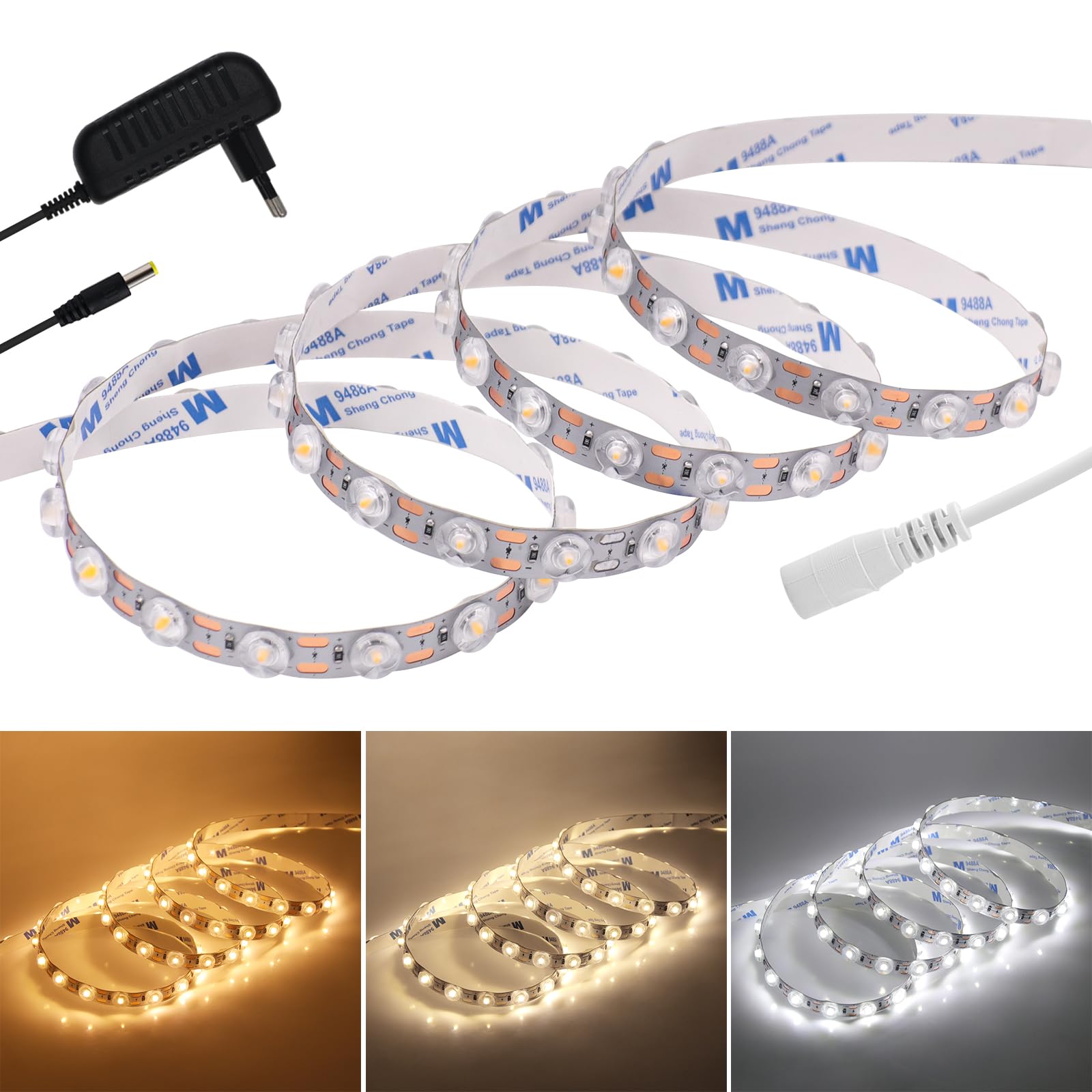 KISUFU Tiras de luz LED 24V, Tiras LED 2835 IP20 48 LEDs/M Flexible Brillo Alto Strip Light con Fuente de Alimentación para Dormitorio, Decoración de Cocina.