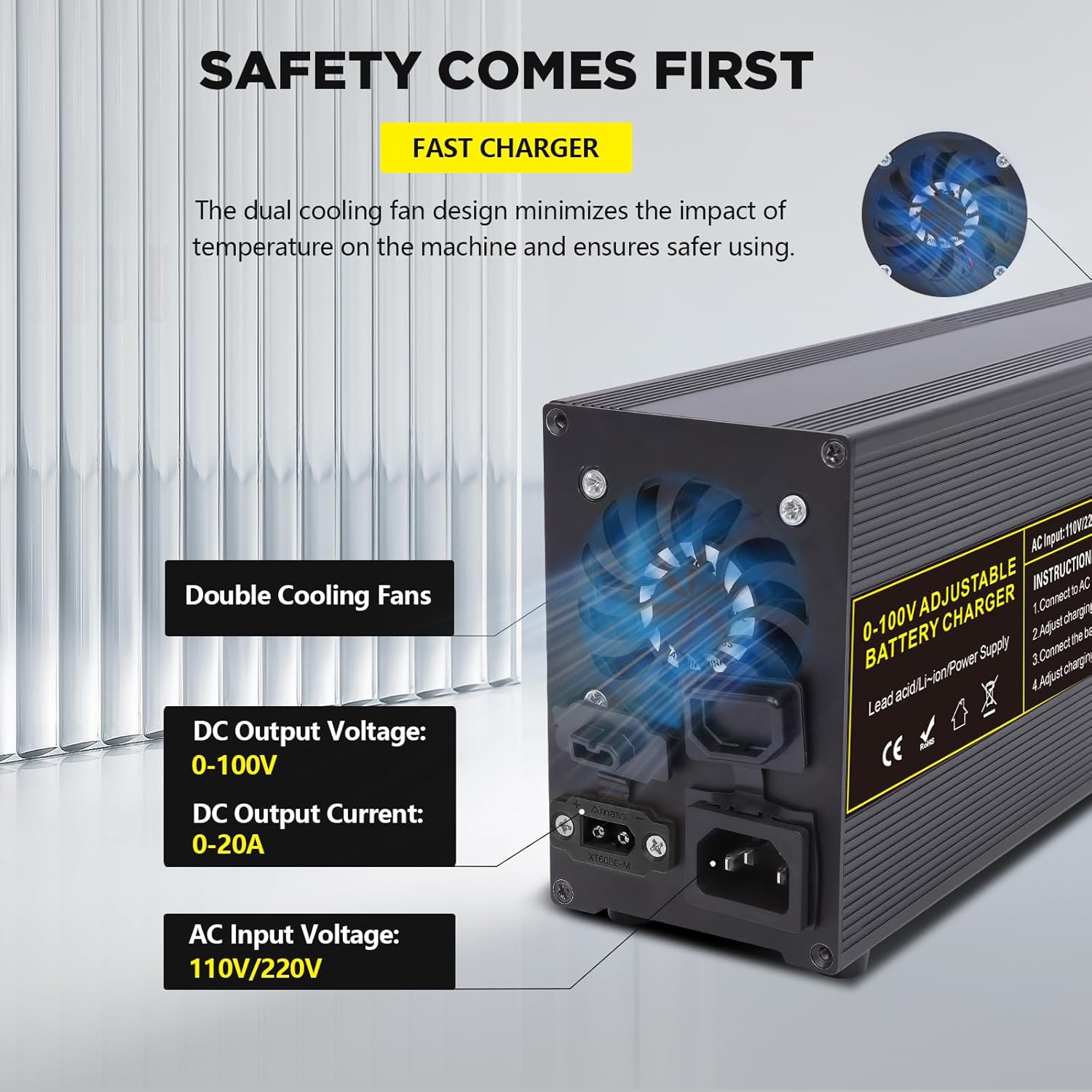 High Power Battery Charger, 0-100V Adjustable LifePO4 Battery Charger, One Click Control Adjustable 0-20A Current/Voltage for LiFePO4, Lithium & Lead-Acid Rechargeable Battery