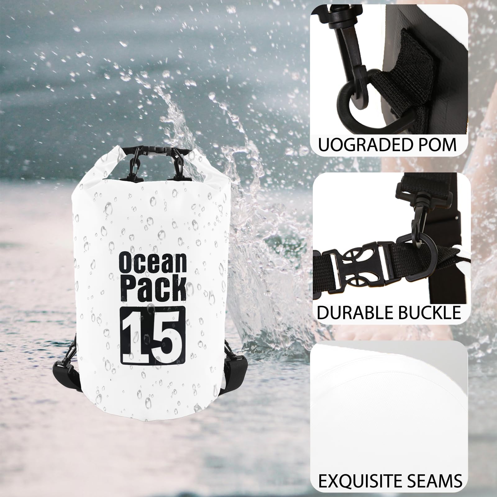 15L Biała wodoszczelna torba, Dry Bag 2L/5L/10L/15L/20L/30L z regulowanym paskiem, chroni telefon/kartę, worek szczelny z rolką na plecak do pływania/raftingu/kajaka/żeglowania/campingu/plaży