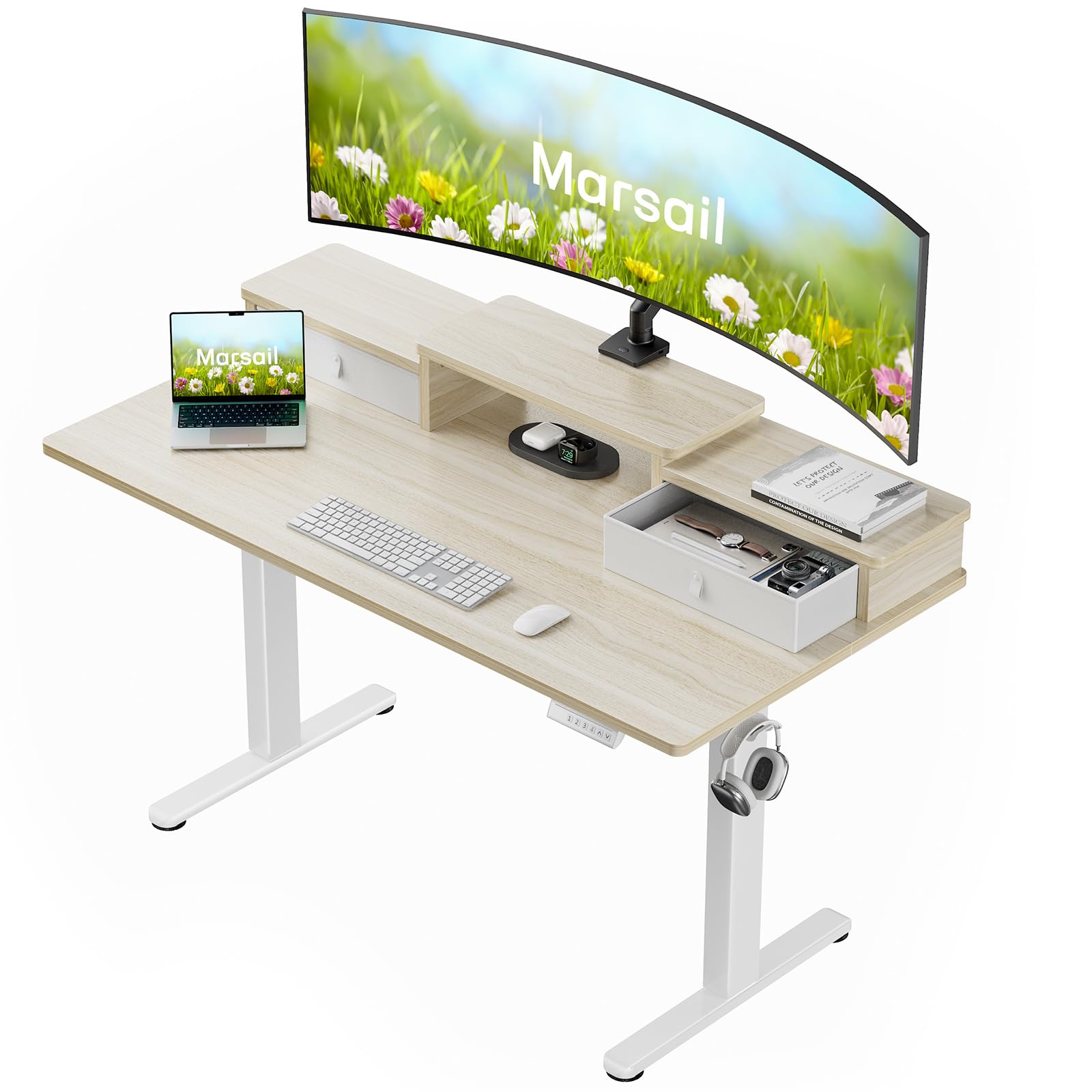 Marsail 55″ x 28″ Electric Standing Desk with Drawers, Height Adjustable Sit Stand Up Desk with Storage Shelf, Ergonomic Home Office & Computer Table