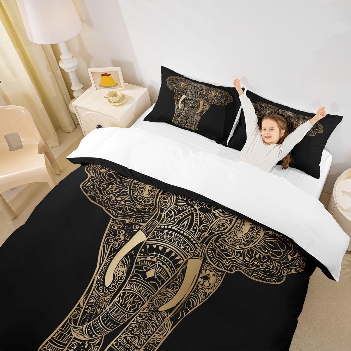 Feelyou Bohemia Boho Duvet Cover Set Queen for Girls Women 3D Gold Elephant Comforter Cover Set Africa Wild Animal Bedding Set Black Golden Bedspread Cover with 2 Pillow Shams Microfiber Zipper