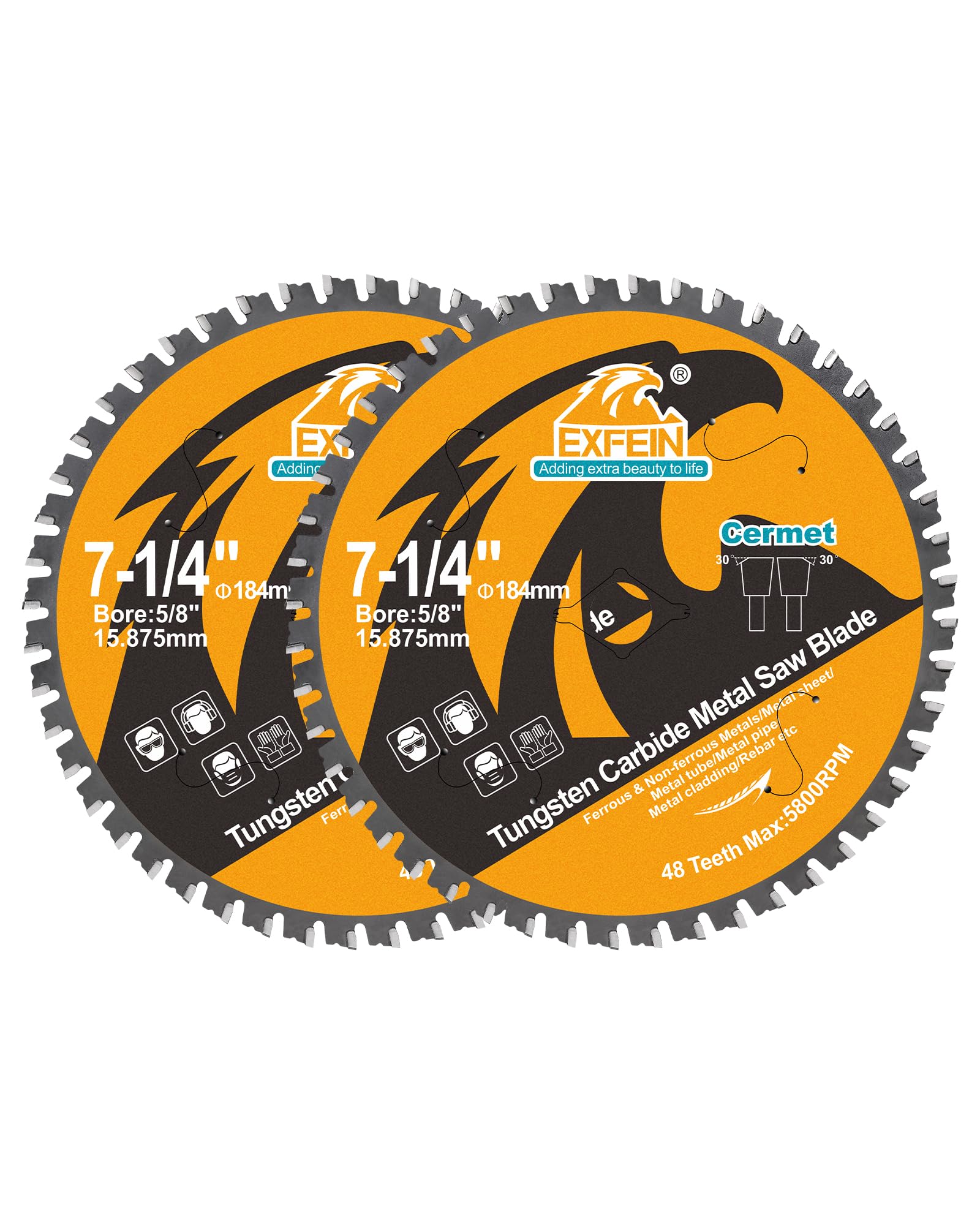 EXFEIN Metal Cutting Blade 184mm 48T for Rebar, Angle Iron, Pipes, Channels, Ceramic Cemented Carbide with 5/8" Arbor, 2-Pack