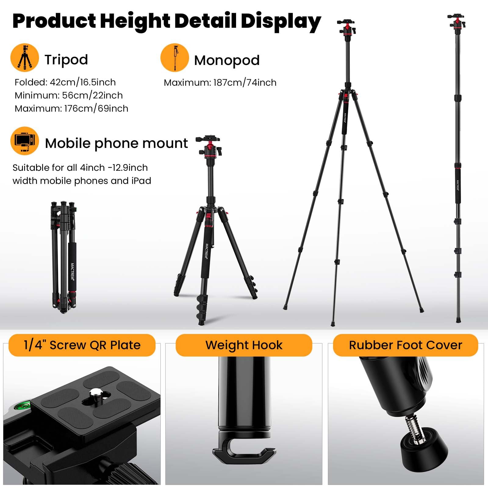 Treppiede per Fotocamera,MACTREM Treppiede da Viaggio e Monopiede in Alluminio da 74 Pollici/187 cm con Testa a sfera a 360°, Treppiede Leggero per Smartphone, iPad, Canon, Nikon, Sony