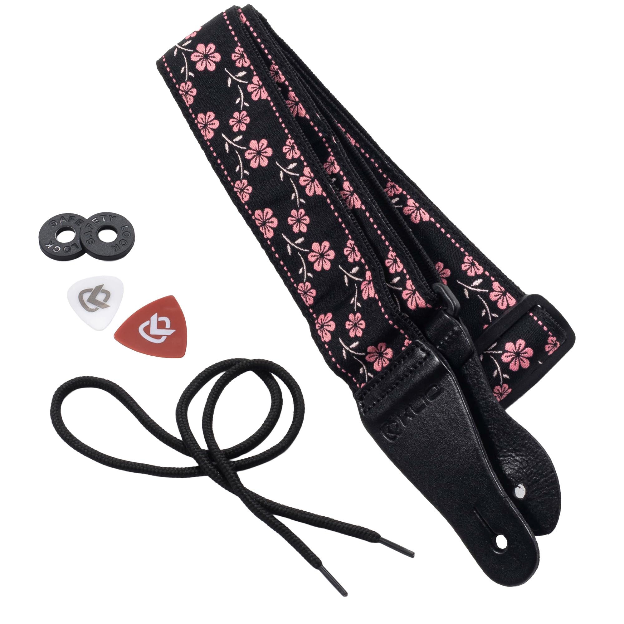 Kliq Music Gear Pink Wildflower Kliq Vintage Woven Guitar Strap For Acoustic And Electric Guitars + 2 Rubber Strap Locks, 2 Guitar Picks And 1 Free Lace | '60S Jacquard Weave Hootenanny Style |