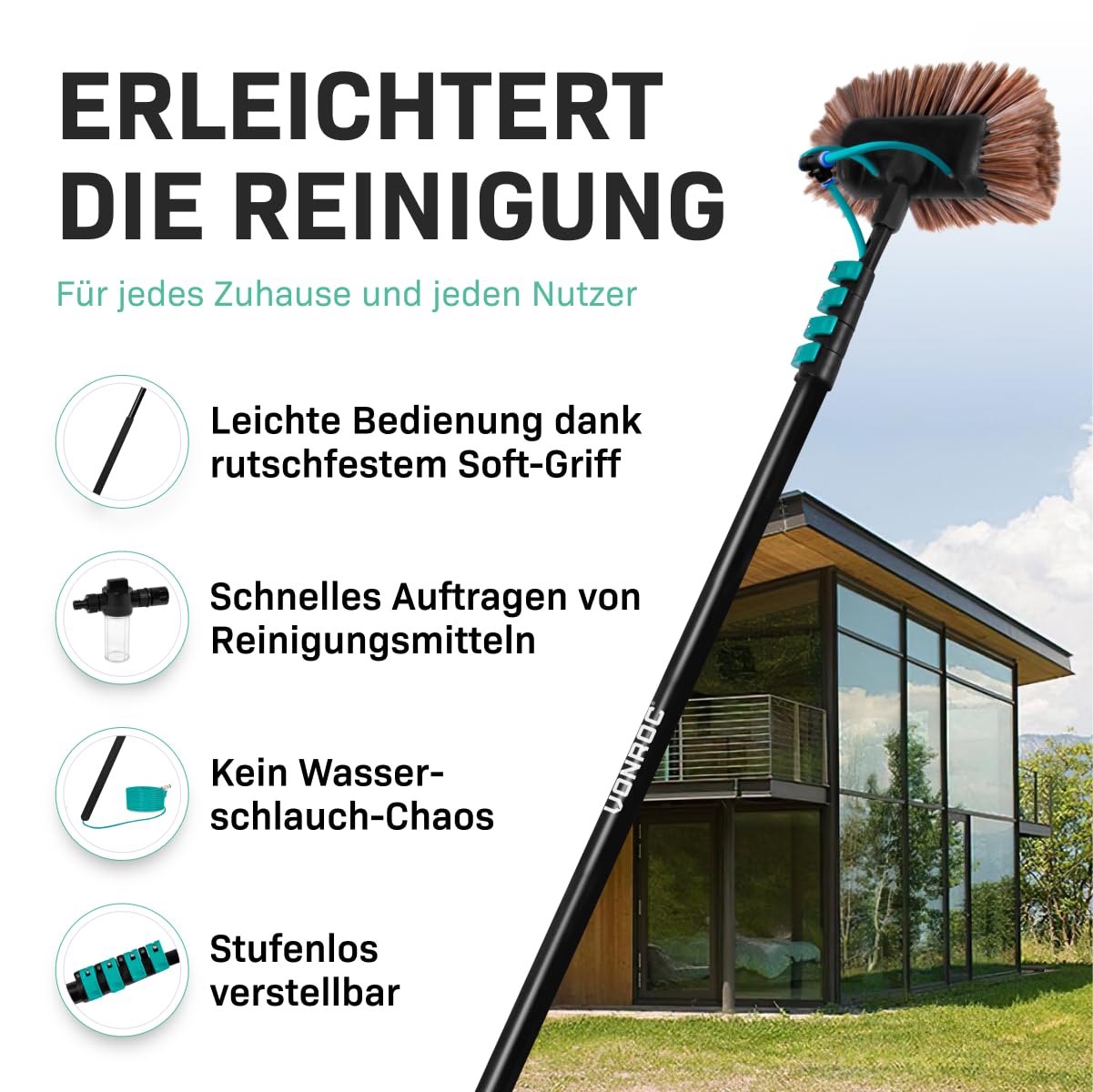 VONROC Teleskop Waschbürste mit Teleskopstiel 6,5m - Ausziehbar Teleskopstangen Reinigung für Fenster, Terrassendach, Solaranlage - inkl. Bürste, Schlauch, Seifenspender