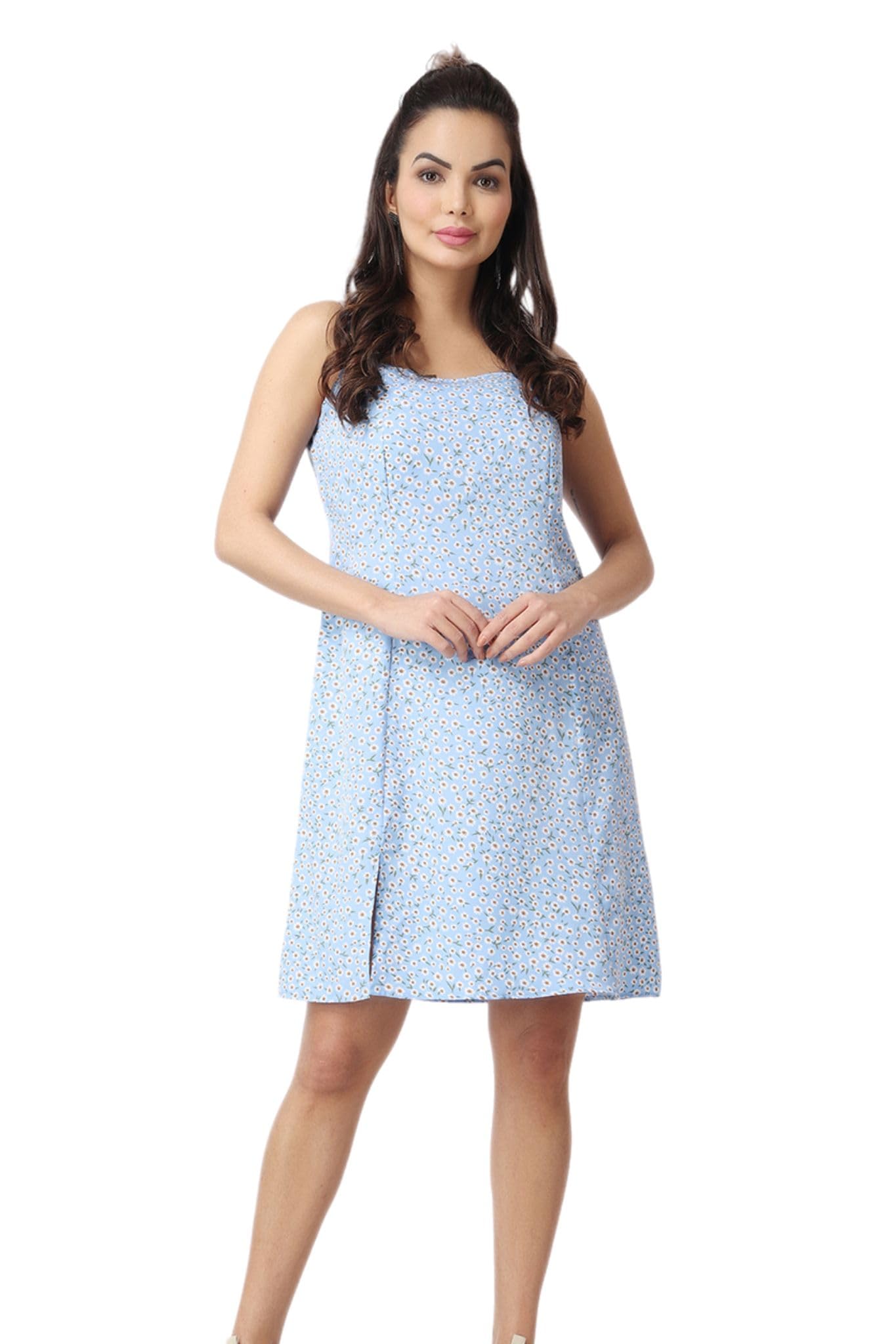 Popwi1Ngs Casual Printed V-Neck Short Sleeves Knee-Length Fit And Flare Dress For Women || Frokc-Style Summer Wear Dresses For Women || Loose-Fit Comfortable Women Dress For Regular Wear Light Blue