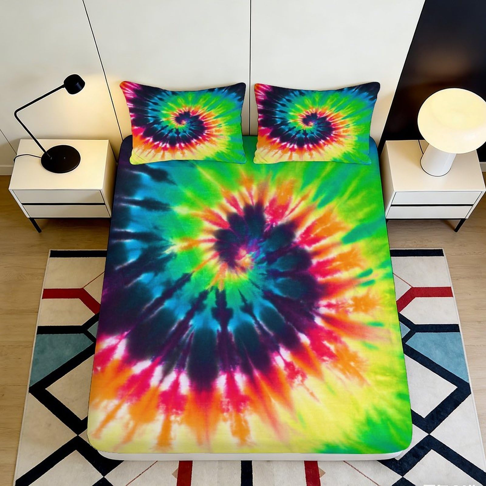 3D Printed Rainbow Tie Dye Fitted Sheet Microfiber Soft Breathable Spiral Swirl Mattress Cover for Bedroom Dorm Mattress Protection Decor 120x200x25cm
