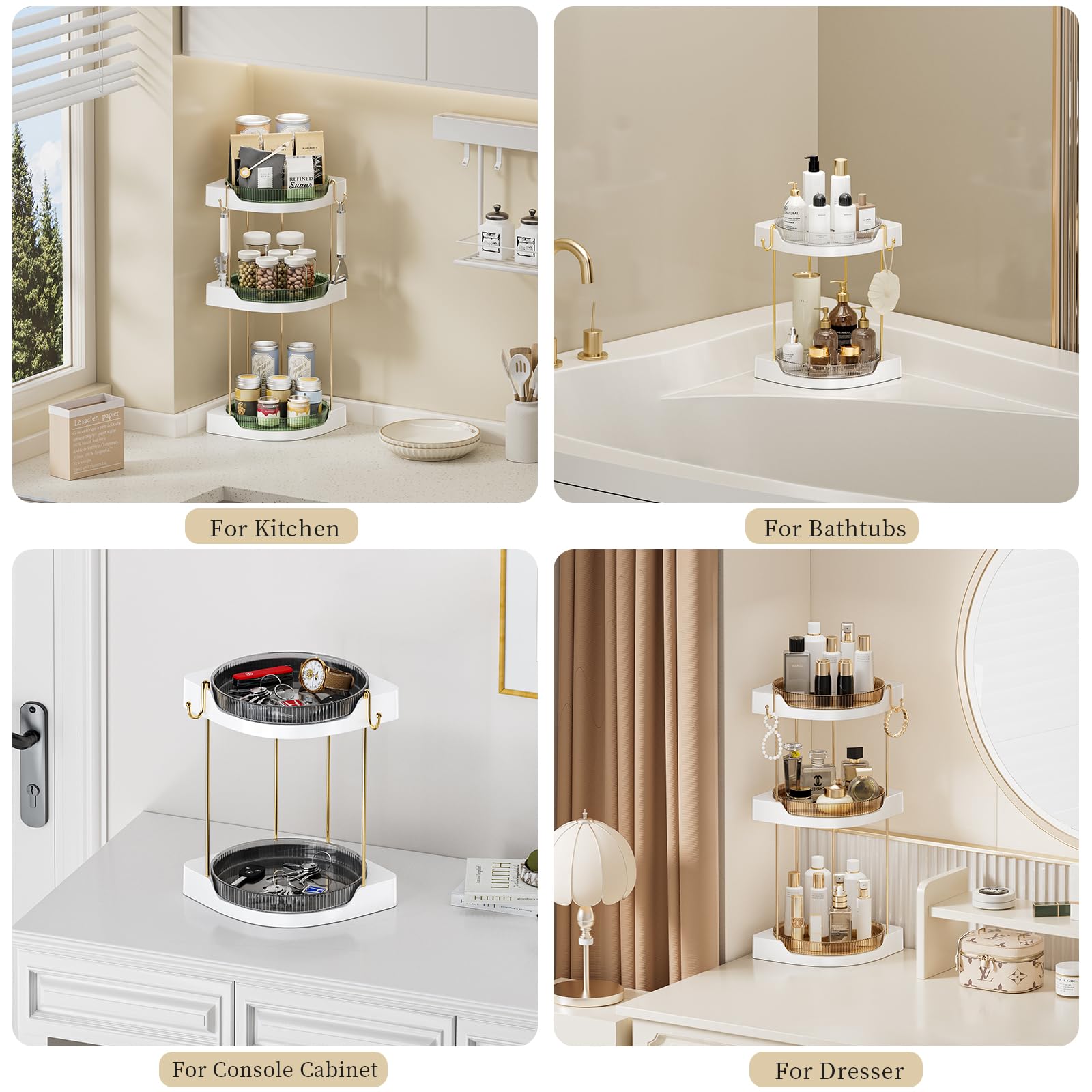 akinbas 3 Tier Corner Bathroom Counter Organizer 360° Rotating Countertop Perfume Tray and Vanity Makeup Cosmetic Storage Corner Counter Shelf for Bathroom Dresser Kitchen (Transparent)