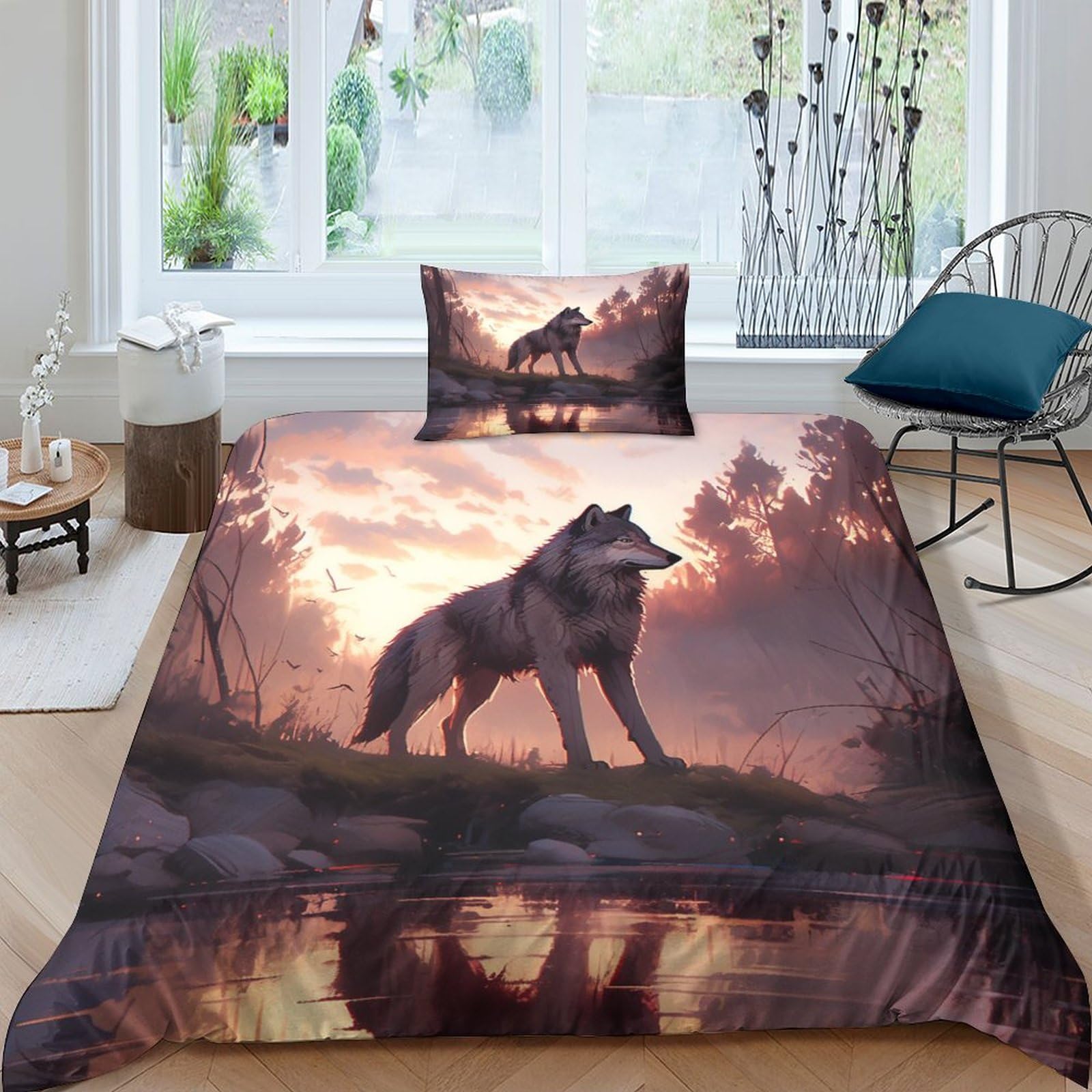 Parure de lit housse de couette loup de forêt avec taie d'oreiller et fermeture à glissière