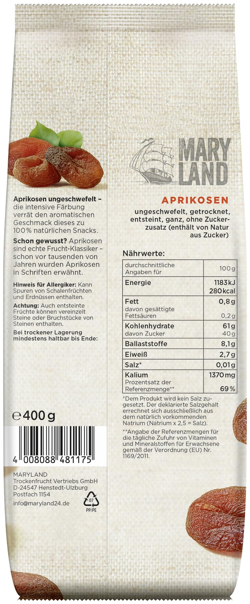 Maryland Aprikosen 400g Beutel 6er Pack – Aprikosen, ungeschwefelt, vegan, fruchtig süß– Im großen Format genießen (6 x 400g)