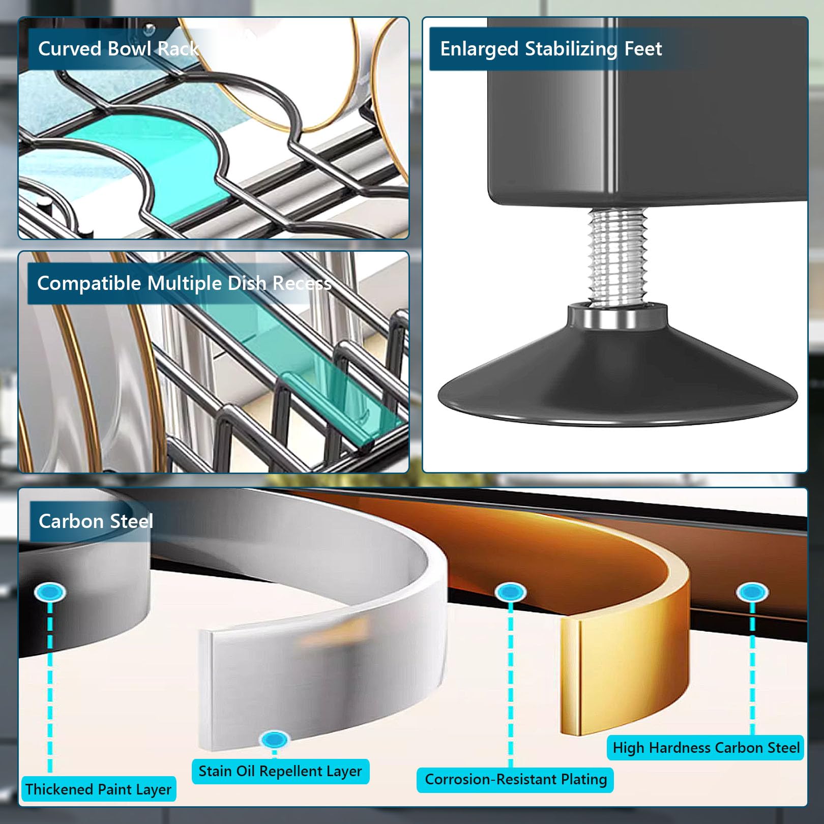 Escurridor de platos de cocina, 3 niveles de acero al carbono para fregadero con soporte para utensilios para encimera de cocina, puerta visible, diseño que ahorra espacio, fácil montaje