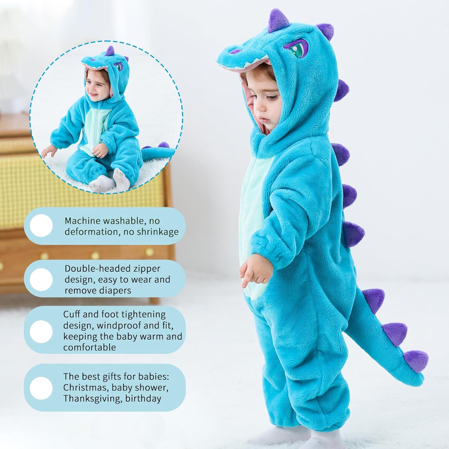Unisex Hooded Jumpsuit for Baby Toddler - Dinosaur Animal Cosplay Costume for Christmas - Image 4