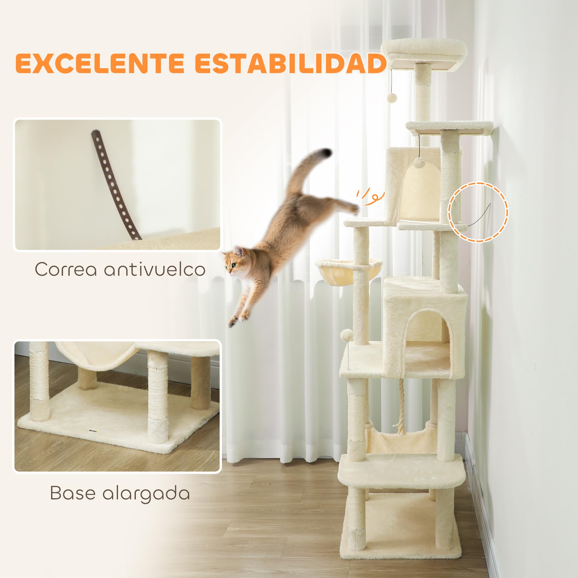 PawHut Árbol Rascador para Gatos 202 cm con 2 Cuevas Beige | Árbol para Gatos, Torre Escalador, 2 Hamacas, 6 Postes de Sisal, 3 Bolas, Cuerda para Jugar