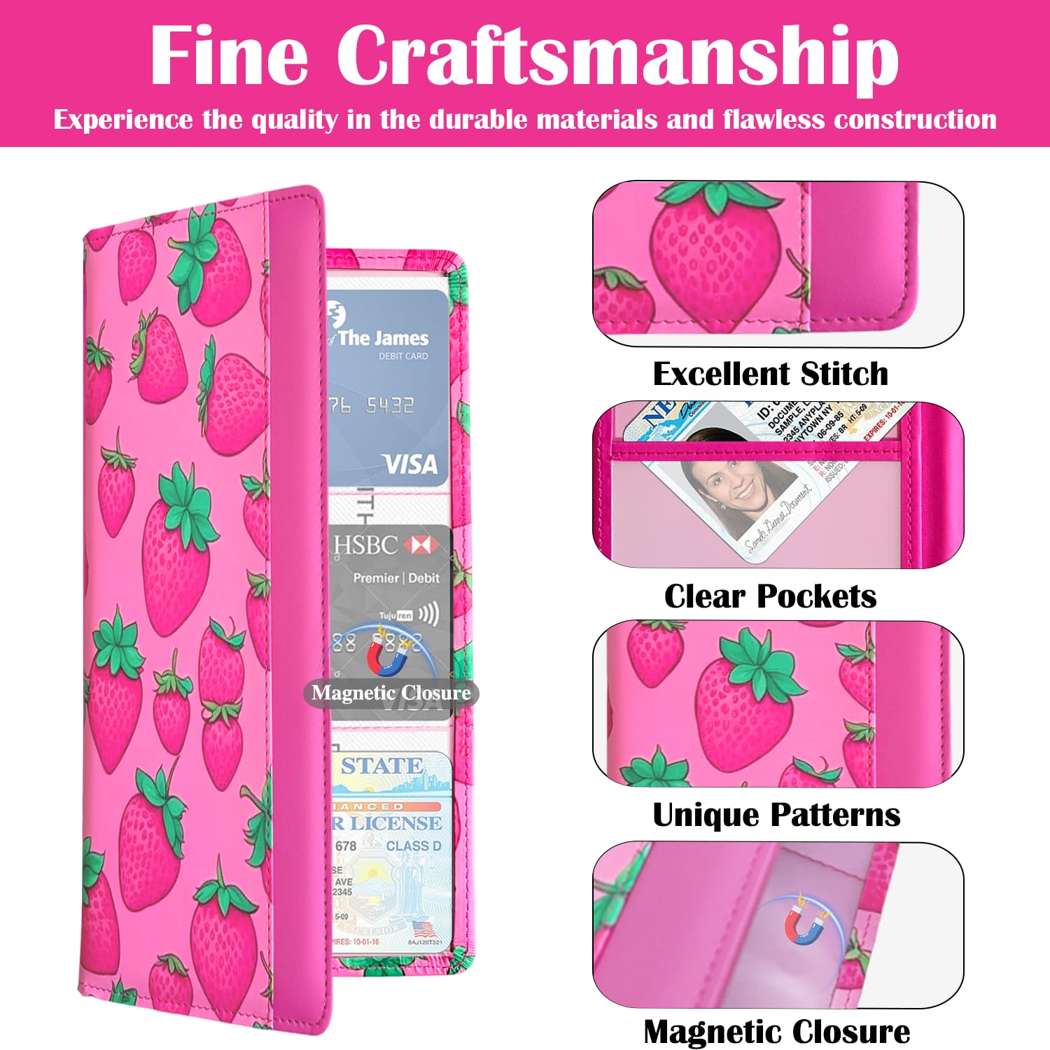 Porta libretto e assicurazione auto con chiusura magnetica, organizer universale per documenti per patente, carte di assicurazione e vano portaoggetti (fragola, rosa acceso)