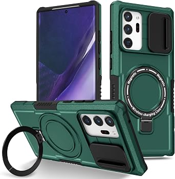 Phone Case for Samsung Galaxy Note 20 Ultra Compatible with MagSafe with Magnetic Ring Stand & Camera Cover, Heavy Duty Rugged Silicone&PC Cover Military Grade Protective Green